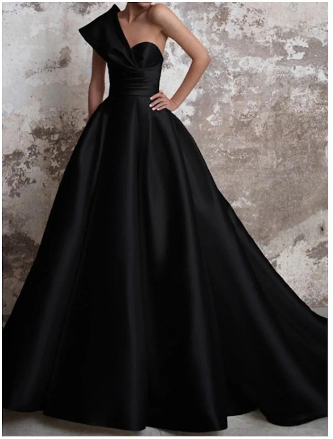 A-Line Evening Gown Party Church Court Train One Shoulder Satin Backless with Ruched