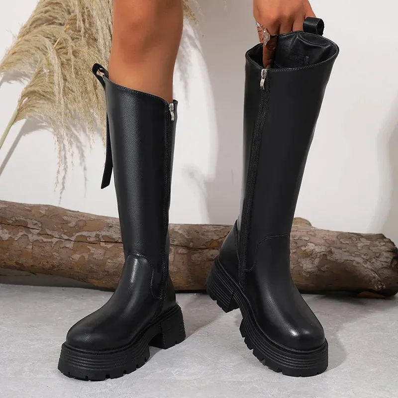 Autumn Winter Women Knee-High Boots Casual Platform Heels Shoes Designer Long Largas Booties