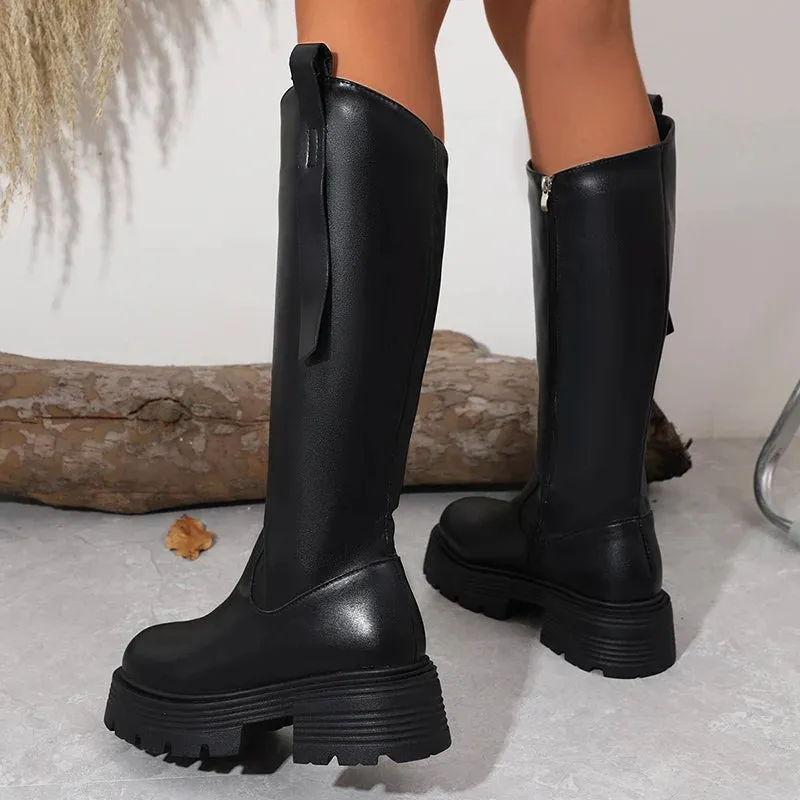 Autumn Winter Women Knee-High Boots Casual Platform Heels Shoes Designer Long Largas Booties