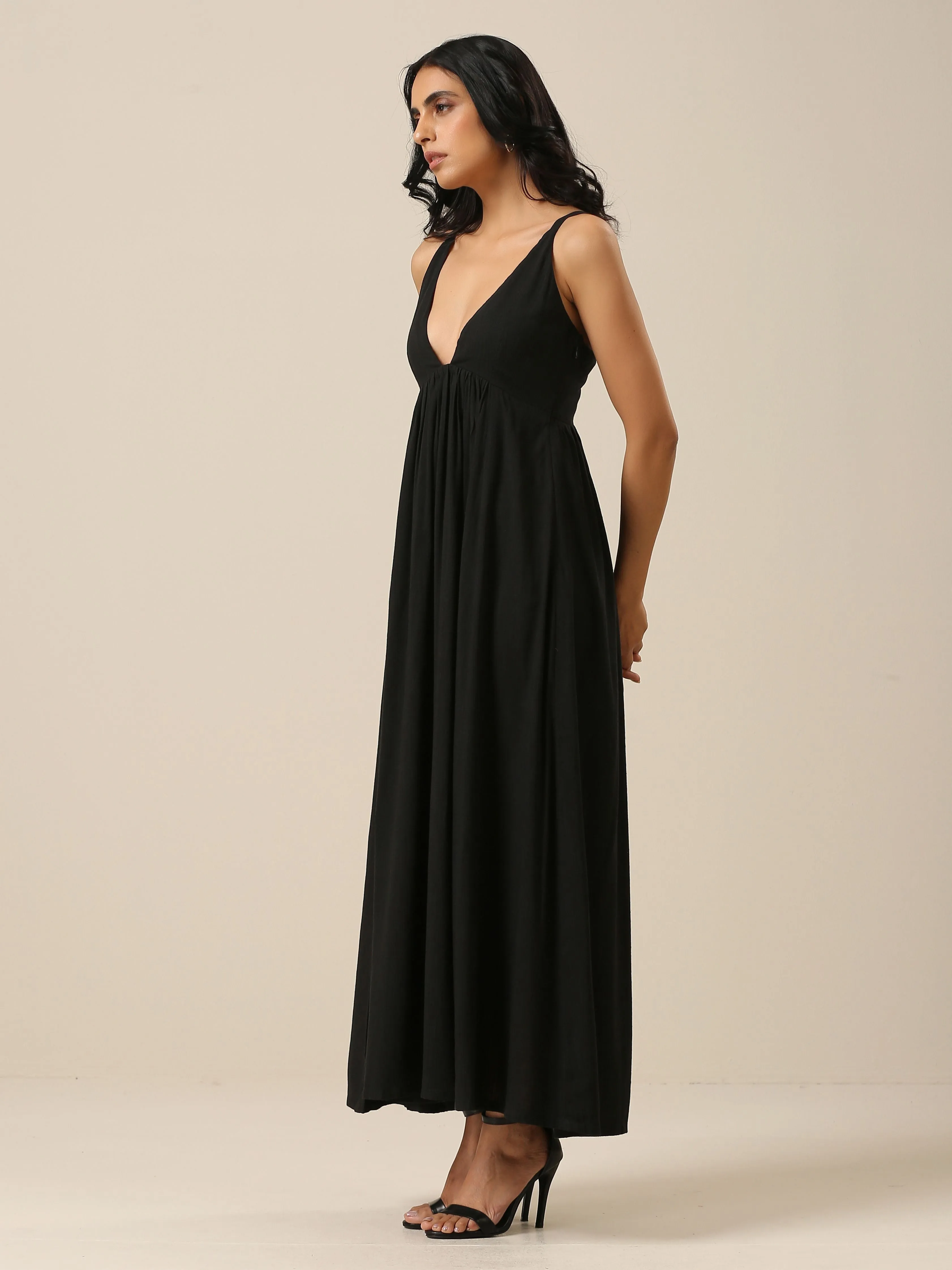 Black Slub Texture Sleeveless Dress