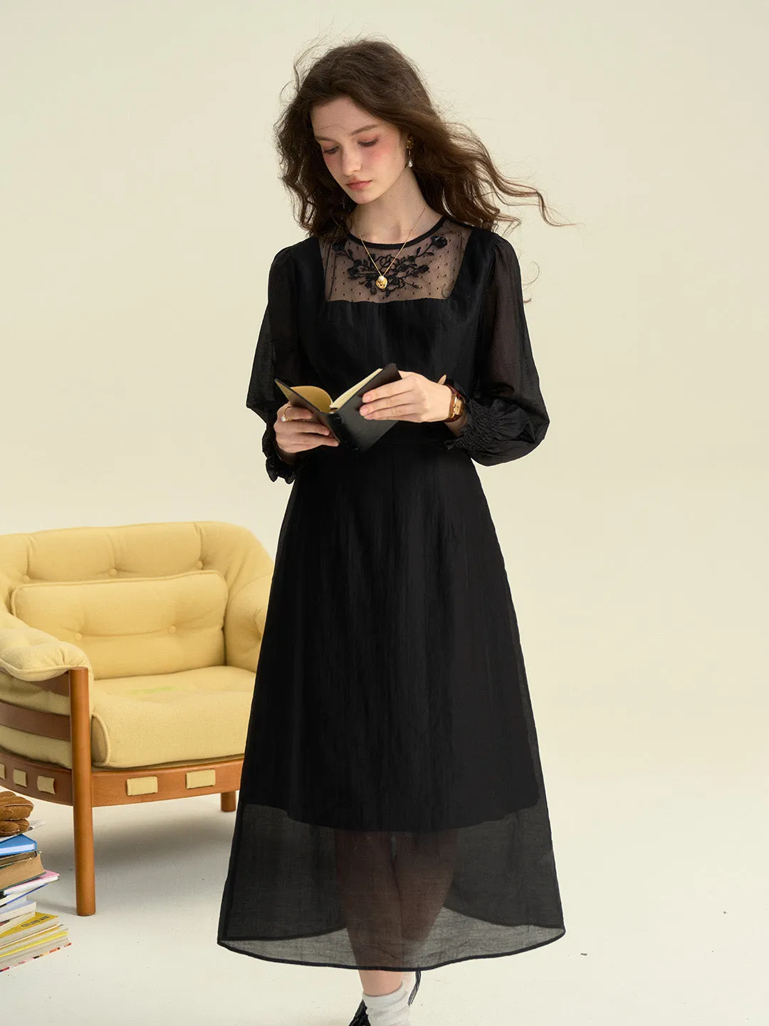 Carolyn Round Neck Mesh Embroidered Trimmed Sleeve Dress