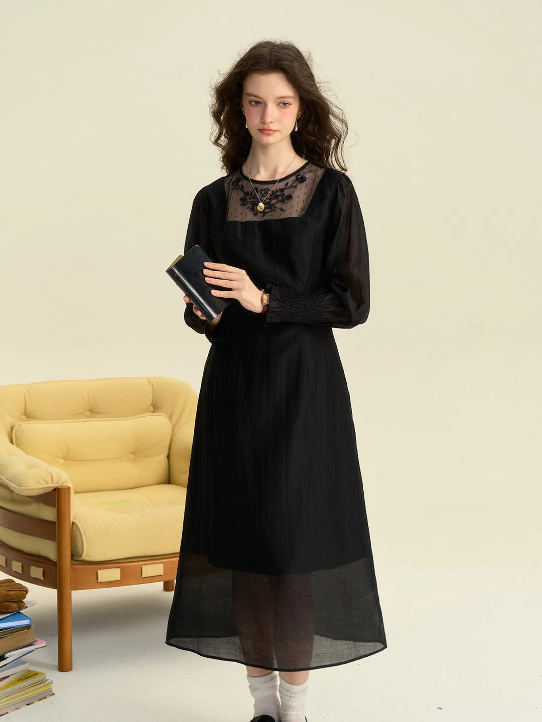 Carolyn Round Neck Mesh Embroidered Trimmed Sleeve Dress