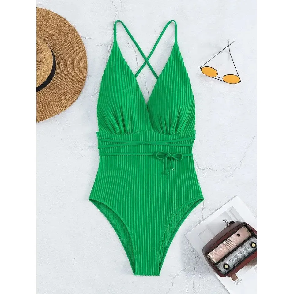 Crisscross Backless Knot Front One Piece Swimsuit