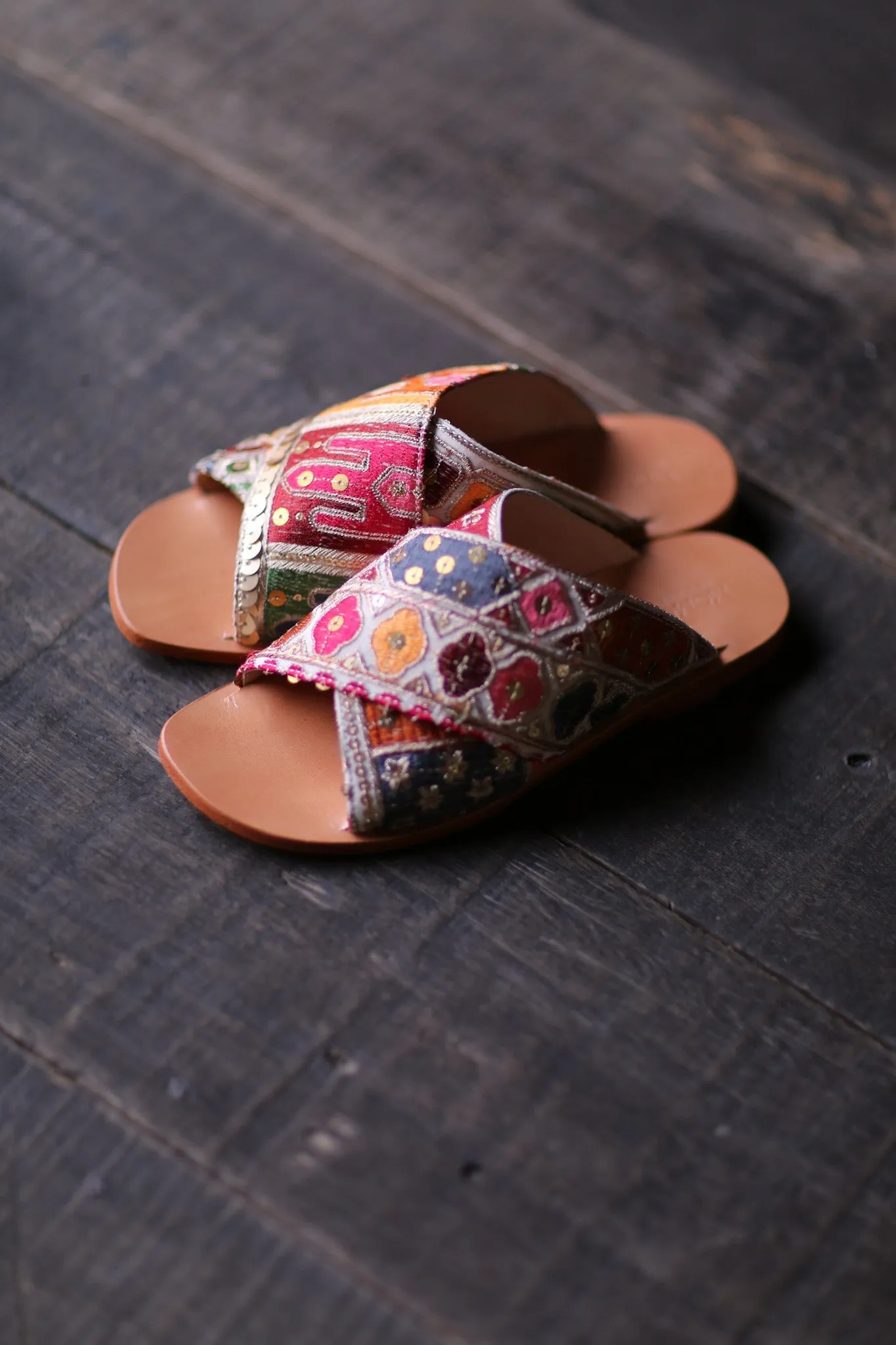 EMBROIDERED LEATHER SLIP ON SANDALS TRIBECA