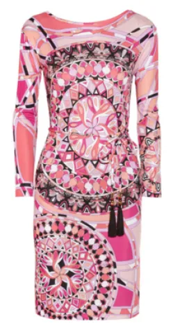 Emilio Pucci - Printed Pink Long Sleeve Jersey Dress with Belt - IT 42