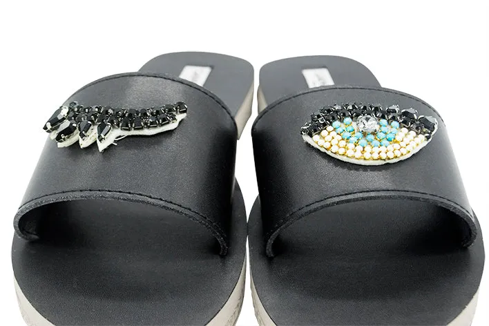 Eyes- Waterproof Espadrille Flat Black and Blue Rhine stone Beads Embellished